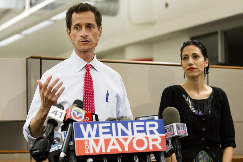 Then-New York mayoral candidate Anthony Weiner speaks during a news conference alongside his wife Huma Abedin in New York on July 23, 2013. (Photo: John Minchillo/AP)