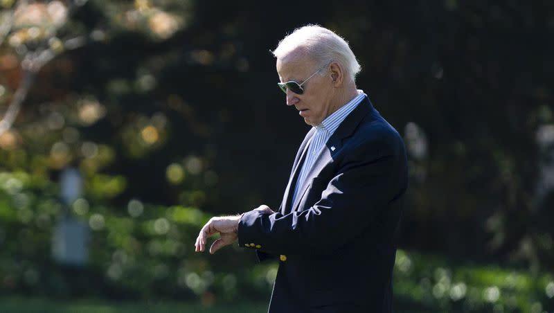 President Joe Biden walks to board Marine One on the South Lawn of the White House on Wednesday, Nov. 1, 2023, in Washington. 