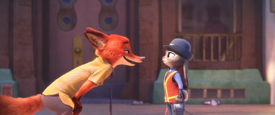 Nick Wilde (voiced by Jason Bateman) meets bunny officer Judy Hopps (Ginnifer Goodwin) in Disney's 'Zootopia.'