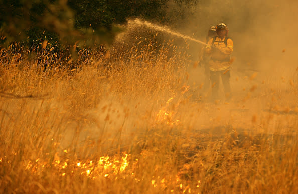 Pacific Gas and Electric firefighters extinguish spot fires as the LNU Lightning Complex fire burns through the area in Fairfield, California. 