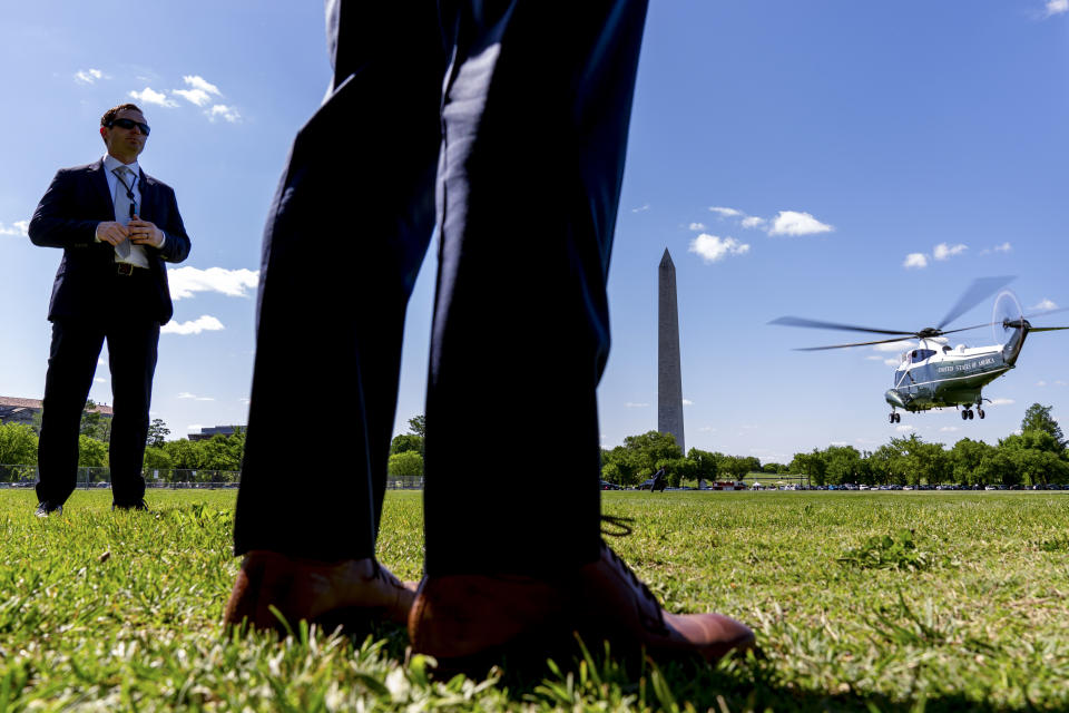 Marine One with President Joe Biden abroad takes off from the Ellipse at the White House in Washington, Thursday, May 6, 2021, for a short trip to Andrews Air Force Base, Md., and then on to Lake Charles, La., and New Orleans. (AP Photo/Andrew Harnik)