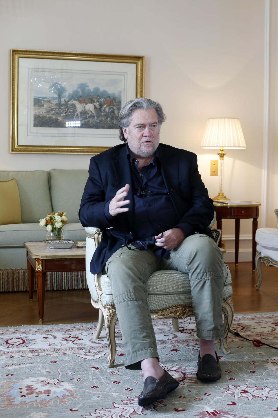 Former White House strategist Steve Bannon poses prior to an interview with The Associated Press, in Paris, Monday, May 27, 2019. Steve Bannon says European integration is "dead in its tracks" after European election wins by nationalist and populist parties in Italy, France and Britain. (AP Photo/Thibault Camus)