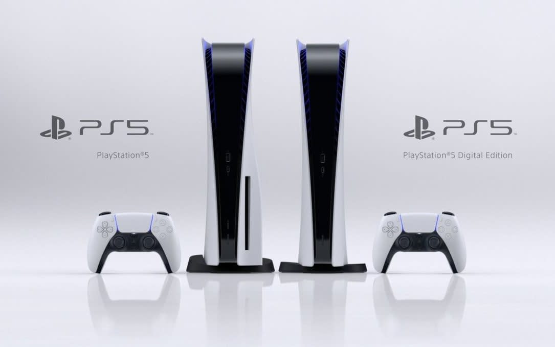 A publicity shot of the Playstation 5, with distinctive bright white 'wings' rising on either side of its black central casing - Sony