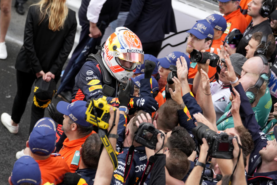 Red Bull driver Max Verstappen of the Netherlands celebrates after winning the Monaco Formula One Grand Prix, at the Monaco racetrack, in Monaco, Sunday, May 28, 2023. (AP Photo/Luca Bruno)
