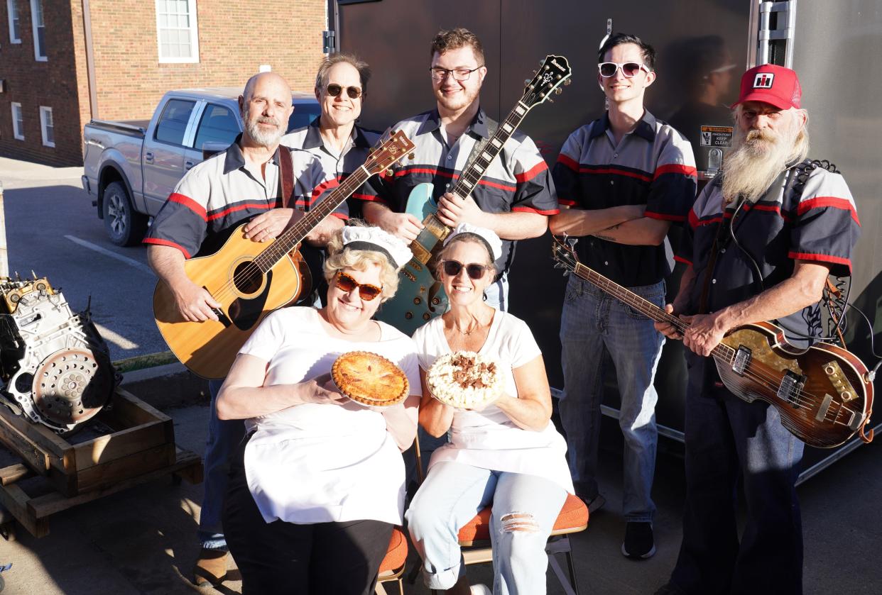 Cast members of "Pump Boys and Dinettes" pose with instruments and pie. Pictured are (front row, left to right) Julie Minot, Amy McGrew, (back row) Tom Box, Emil Polashek, Brayden Bond, Kaleb Roberson and Tim Berven.