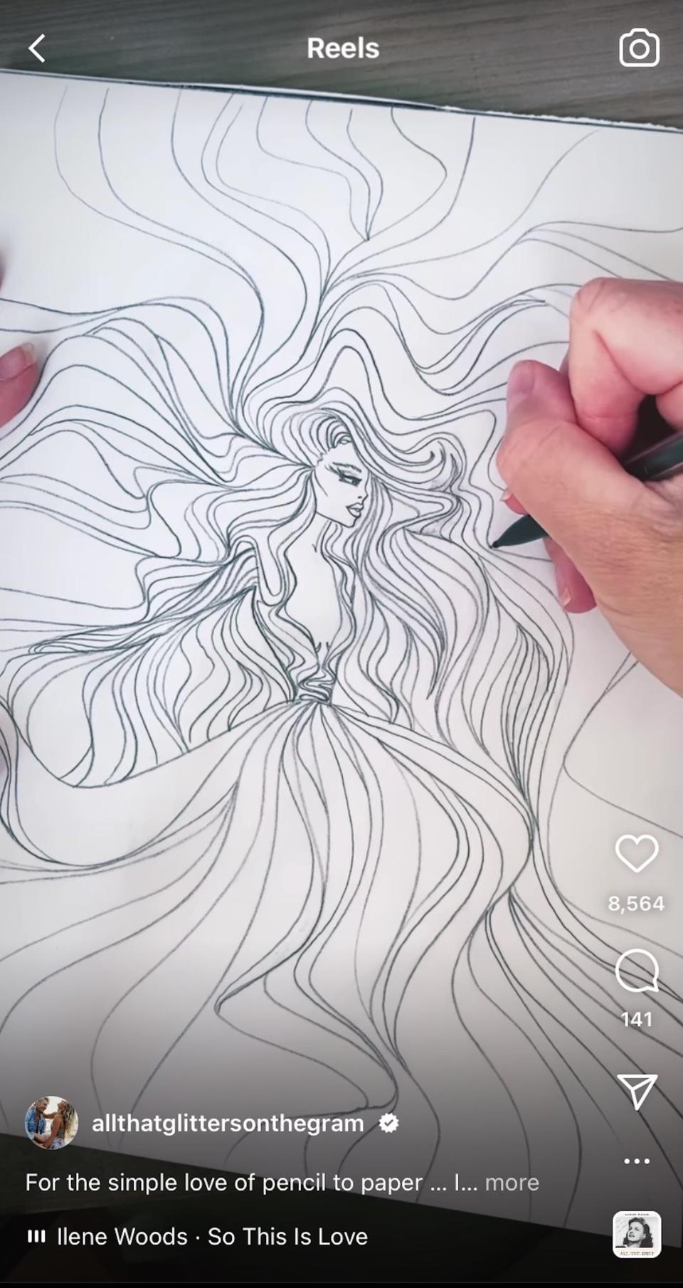 A screenshot of an Instagram reel of a woman drawing a sketch of a wedding dress.