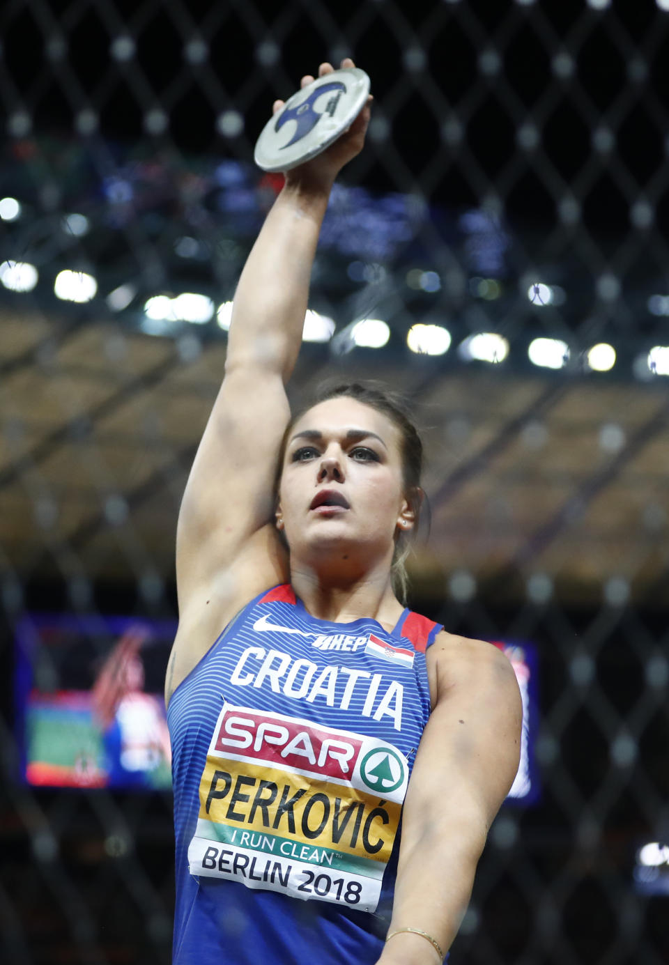 Croatia's Sandra Perkovic makes an attempt in the women's discus throw final at the European Athletics Championships at the Olympic stadium in Berlin, Germany, Saturday, Aug. 11, 2018. (AP Photo/Matthias Schrader)