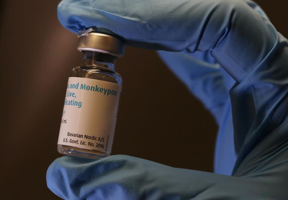 A vial containing the monkeypox vaccine before its contents are administered to a woman and her daughter as their second dose, four weeks after the first dose, at the Summit Health Urgent Care Center in Florham Park, N.J. on July 15, 2022.