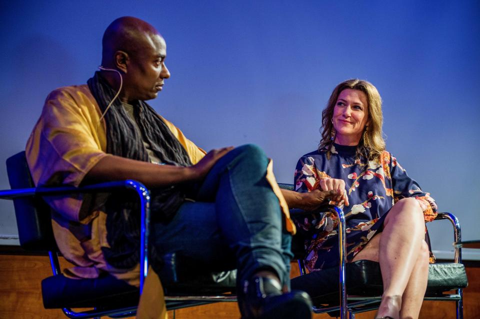 Norwegian princess Maertha poses on stage with shaman Durek Verrett (L) during a session at Clarion hotel in Stavanger, Norway, on May 20, 2019. (Photo by Carina Johansen / NTB scanpix / AFP) / Norway OUT        (Photo credit should read CARINA JOHANSEN/AFP via Getty Images)