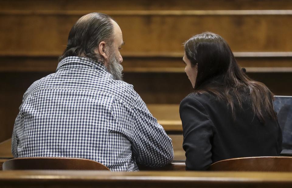 Richard Sotka talks to defense attorney Stephanie Rock on March 6 at the Brown County Courthouse in Green Bay. Sotka was convicted Monday of two counts of first-degree intentional homicide in the January 2023 deaths of his girlfriend, Rhonda Cegelski, and her friend, Paula O'Connor.