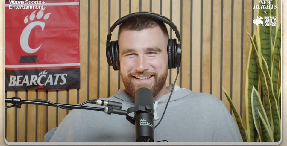 Travis Kelce hosting his “New Heights” sports podcast. New Heights Podcast
