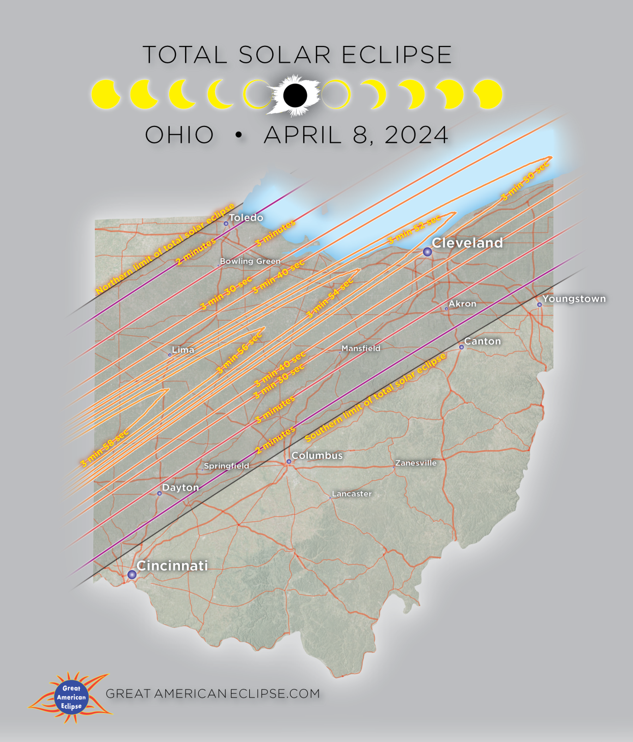 A map showing the total solar eclipse's path through Ohio.