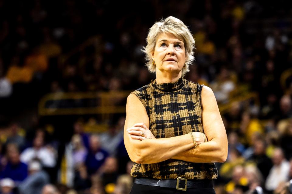 Iowa head coach Lisa Bluder looks up at the score board during NCAA women's basketball game against Kansas State, Thursday, Nov. 16, 2023, at Carver-Hawkeye Arena in Iowa City, Iowa.