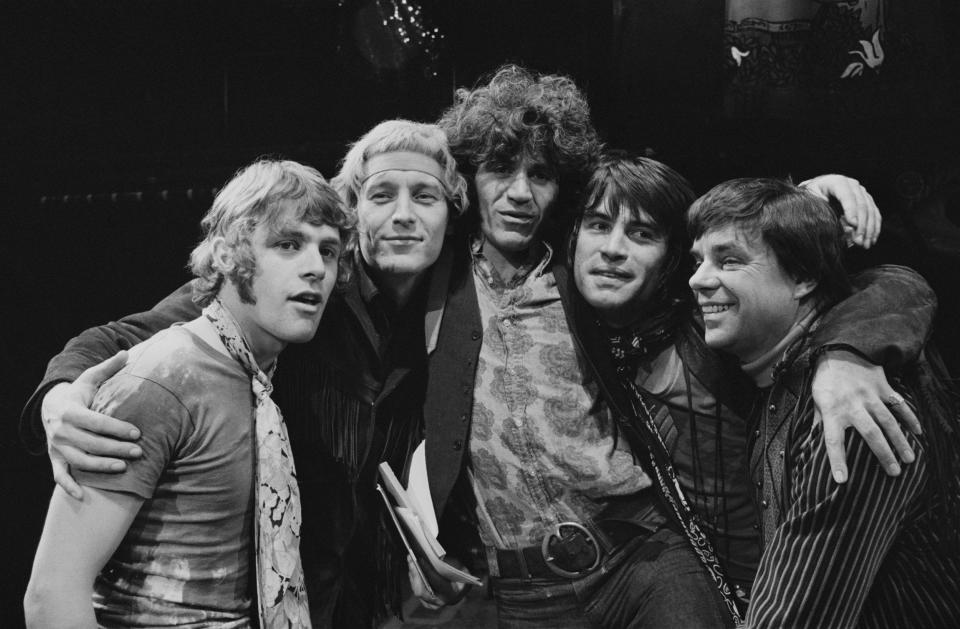 (L-R) actor and singer Paul Nicholas, James Rado and Gerry Ragni, actor Oliver Tobias, and director and composer Tom O'Horgan at a photocall for Hair at the Shaftesbury Theatre. London, in 1968 - Ian Tyas/Keystone/Hulton Archive/Getty Images