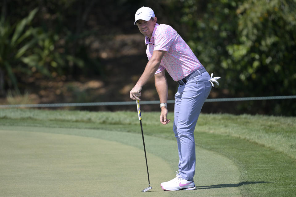 Rory McIlroy, of Northern Ireland, watches his putt on the first green during the first round of the Arnold Palmer Invitational golf tournament, Thursday, March 2, 2023, in Orlando, Fla. (AP Photo/Phelan M. Ebenhack)