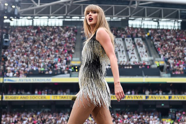 <p>Charles McQuillan/TAS24/Getty</p> Taylor Swift performing on stage at Aviva Stadium on June 28, 2024 in Dublin, Ireland