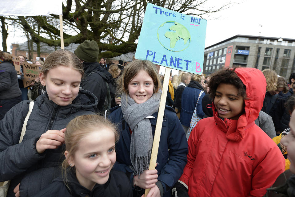 Students take part in a protest against climate change, in Aarhus, Denmark, Friday, March 15, 2019. Students in cities worldwide skipped classes Friday in protest over their governments' failure to act against global warming. (Henning Bagger/Ritzau Scanpix via AP)
