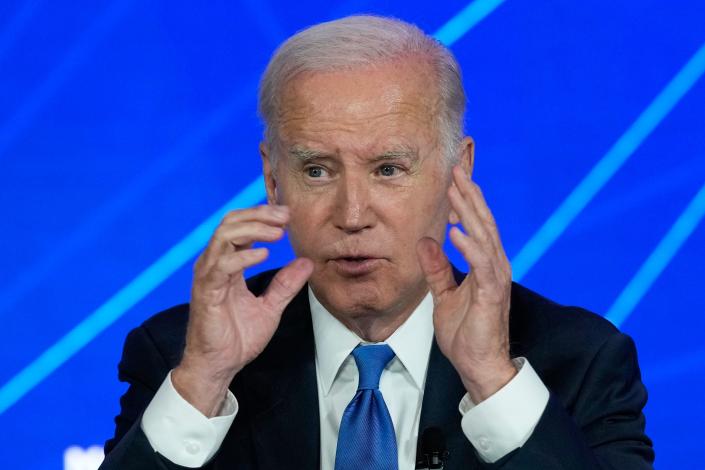 President Joe Biden speaks during a discussion on artificial intelligence risk management at an event in San Francisco, Tuesday, June 20, 2023. (AP Photo/Susan Walsh) XMIT ORG: CASW310