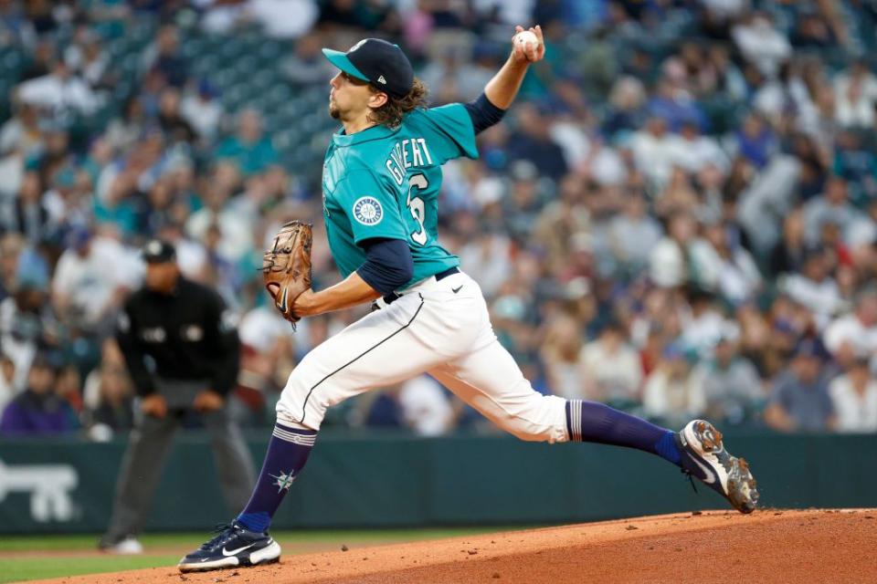 SEATTLE, WASHINGTON - SEPTEMBER 30: Logan Gilbert #36 of the Seattle Mariners pitches during the first inning against the Oakland Athletics at T-Mobile Park on September 30, 2022 in Seattle, Washington. (Photo by Steph Chambers/Getty Images)