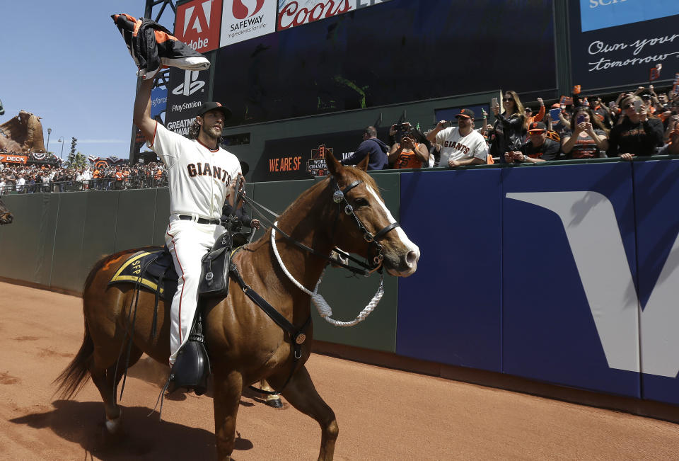 Madison Bumgarner owns horses, but promised Bruce Bochy that he didn’t ride one during the entire offseason. (AP Photo)