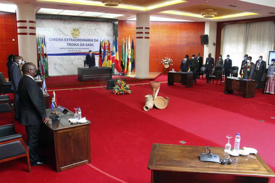 Southern African leaders during a meeting in Mozambique's capital Maputo, Thursday, April 8, 2021. Leaders met to discuss ways to respond to the violence by Islamic extremist rebels in the country's northern Cabo Delgado province where thousands of people have been killed and displaced. (AP Photo/Ferhat Momade)