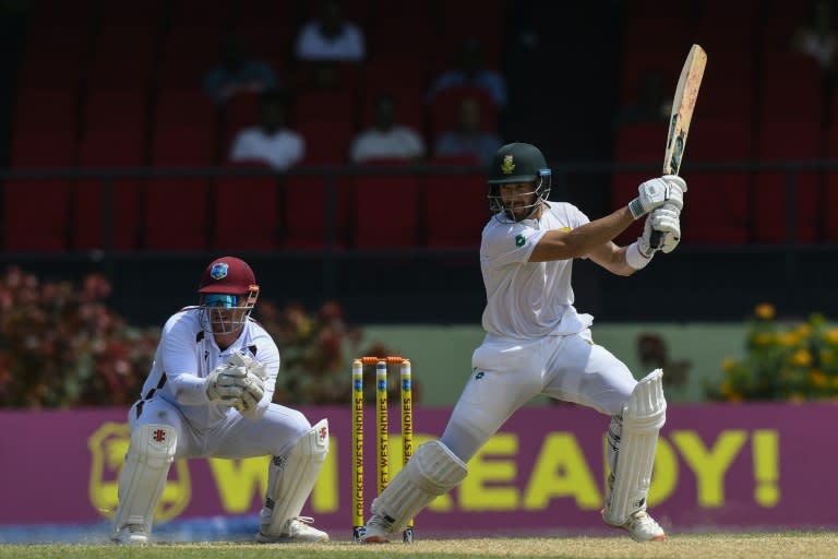 In the runs: Aiden Markram of South Africa hits a boundary during his innings on Friday (Randy Brooks)