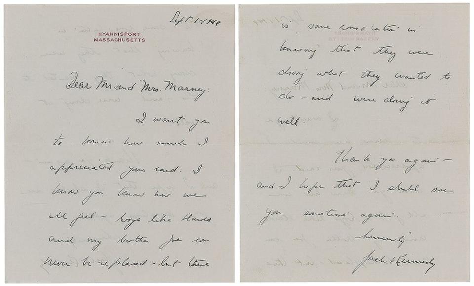 One of the many letters John F. Kennedy sent to Mrs. Marney. | The Ronnie Paloger JFK Collection / RR Auction