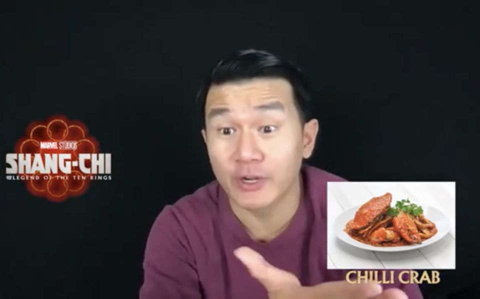 Simu Liu and Ronny Chieng, stars of Shang-chi And The Legend Of The Ten Rings, on what Singaporean dishes they would eat. One of the dishes Ronny picked was chilli crab.