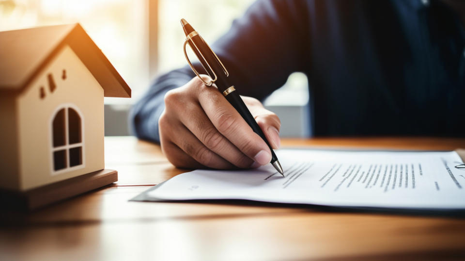 A close-up of a person's hand signing a mortgage document.
