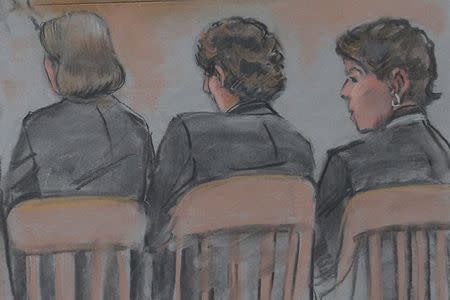 A courtroom sketch shows accused Boston Marathon bomber Dzhokhar Tsarnaev (C) sitting with his attorneys on the first day of his trial at the federal courthouse in Boston, Massachusetts March 4, 2015. REUTERS/Jane Flavell Collins