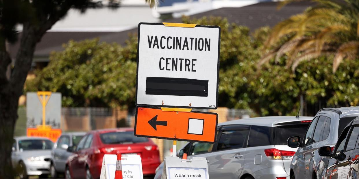 A vaccination centre sign directs the public during a lockdown to curb the spread of a coronavirus disease (COVID-19) outbreak in Auckland, New Zealand, August 26, 2021