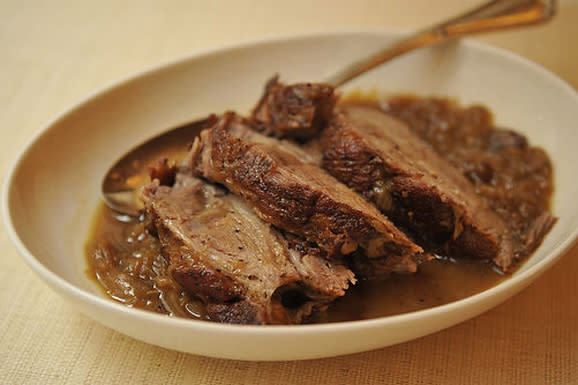 Cider-Braised Pork Shoulder with Caramelized Onion and Apple Confit