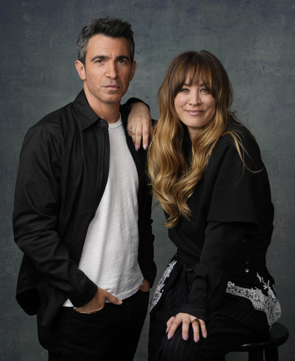 Chris Messina, left, and Kaley Cuoco, cast members in the Peacock series "Based on a True Story," pose for a portrait, Wednesday, May 24, 2023, at the London Hotel in West Hollywood, Calif. (AP Photo/Chris Pizzello)