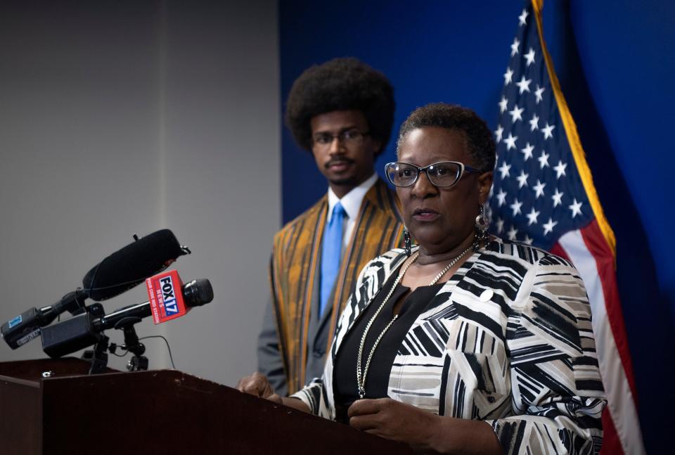 House Minority Leader, Rep. Karen Camper, D- Memphis speaks during a press conference condemning HB 1931, at Cordell Hull State Office Building in Nashville, Tenn., Monday, March 4, 2024. The bill by Rep. John Gillespie, R- Memphis, would keep local governments from enacting any laws that restrict local police officers from making minor traffic stops.