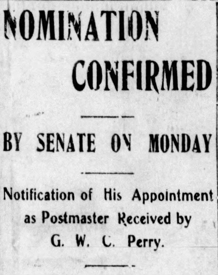 A headline where G.W.C. Perry was appointed as postmaster.