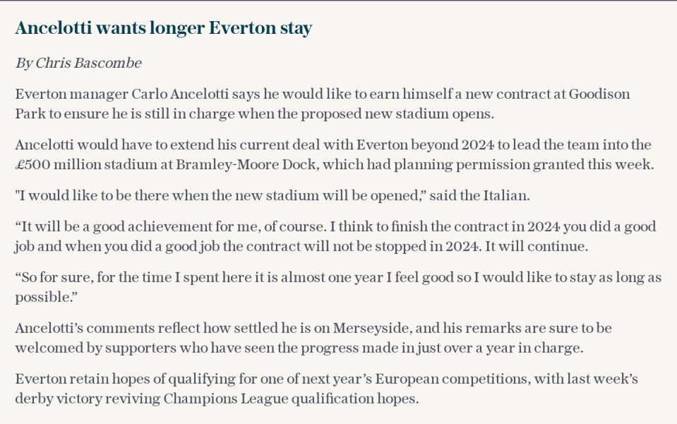 Carlo Ancelotti wants longer Everton stay