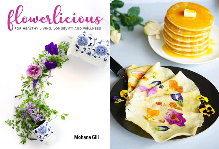 'Flowerlicious: For Healthy Living, Longevity and Wellness' marks the last of Mohana's trilogy of cookbooks that covers fruits, vegetables and now, edible flowers (left). Start the morning with these beautiful flower crepes (right).