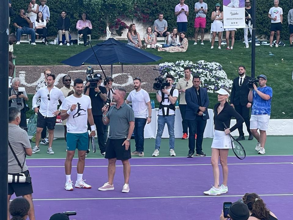 World No. 1 men's tennis player Novak Djokovic makes a surprise appearance at the Desert Smash celebrity charity event at the La Quinta Resort & Club on Tuesday, March 5, 2024.