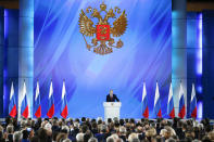 Russian President Vladimir Putin addresses the State Council in Moscow, Russia, Wednesday, Jan. 15, 2020. (AP Photo/Alexander Zemlianichenko )