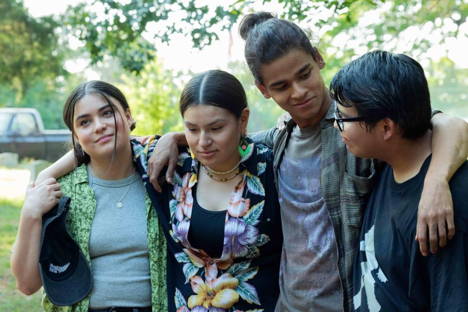 K. Devery Jacobs, Paulina Alexis, D’Pharaoh Woon-A-Tai, and Lane Factor embrace in the series finale of "Reservation Dogs."