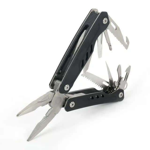 Multi-tool with pliers open and various tools extended on a white background, useful for various tasks