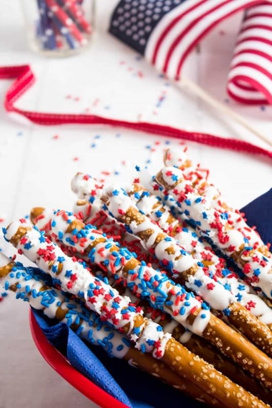 <p>Beyond the Chicken Coop</p><p>These patriotic pretzels are so fun. If you have little ones around or even a handful of teenagers, put them to work! They’ll have a blast making them. </p><p><strong>Get the recipe: <a href="https://www.beyondthechickencoop.com/patriotic-white-chocolate-pretzels/" rel="nofollow noopener" target="_blank" data-ylk="slk:Patriotic White Chocolate Pretzels;elm:context_link;itc:0;sec:content-canvas" class="link ">Patriotic White Chocolate Pretzels</a></strong></p><p><strong>Related: <a href="https://parade.com/729460/eileengray/recipes-featuring-white-chocolate/" rel="nofollow noopener" target="_blank" data-ylk="slk:27 Recipes Featuring White Chocolate;elm:context_link;itc:0;sec:content-canvas" class="link ">27 Recipes Featuring White Chocolate</a></strong></p>