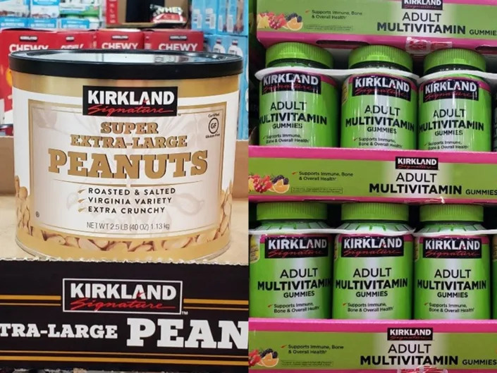 On the left, White and gold container of kirkland's extra-large peanuts at costco. On the right, stack of green containers of kirkland's multivitamins at costco