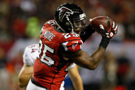 ATLANTA, GA - SEPTEMBER 17: Strong safety William Moore #25 of the Atlanta Falcons intercepts a pass intended for tight end Jacob Tamme #84 of the Denver Broncos during a game at the Georgia Dome on September 17, 2012 in Atlanta, Georgia. (Photo by Kevin C. Cox/Getty Images)