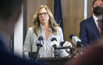 Lancaster County District Attorney Heather Adams briefs the media on the Linda Stoltzfoos case during a news conference at the Lancaster County courthouse, Thursday, April 22, 2021, in Lancaster, Pa. Stoltzfoos was last seen walking home from church in the Bird-in-Hand area on June 21, 2020. Her remains were found in a grave along railroad tracks behind a business where the man charged in her death had worked. (Dan Gleiter/PennLive/The Patriot-News via AP)