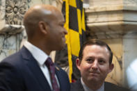 Maryland Senate President Bill Ferguson, D-Baltimore, righ, looks at Gov. Wes Moore during Moore's first state of the state address, two weeks after being sworn as governor, Wednesday, Feb. 1, 2023, in Annapolis, Md. (AP Photo/Julio Cortez)