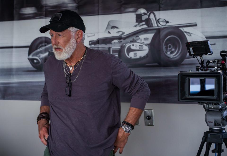 Stark Howell, writer and director of Mayberry Man, a comedy series based on "The Andy Griffith Show," works with his director of photography Thursday, April 27, 2023, for the best shots inside a suite box at Lucas Oil Indianapolis Raceway Park. 