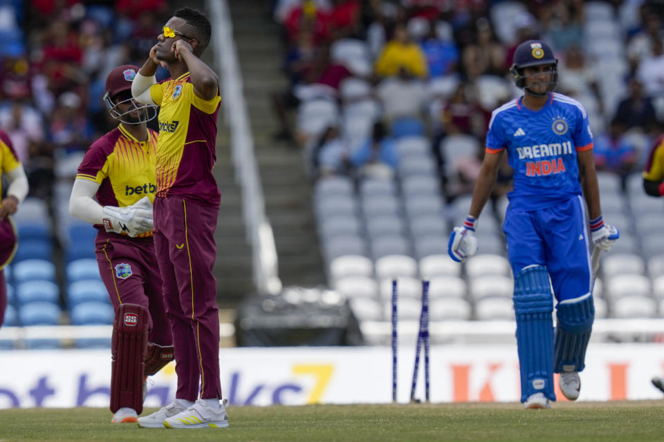 during their first T20 cricket match at the Brian Lara Stadium in Tarouba, Trinidad and Tobago, Thursday, Aug. 3, 2023. (AP Photo/Ramon Espinosa)