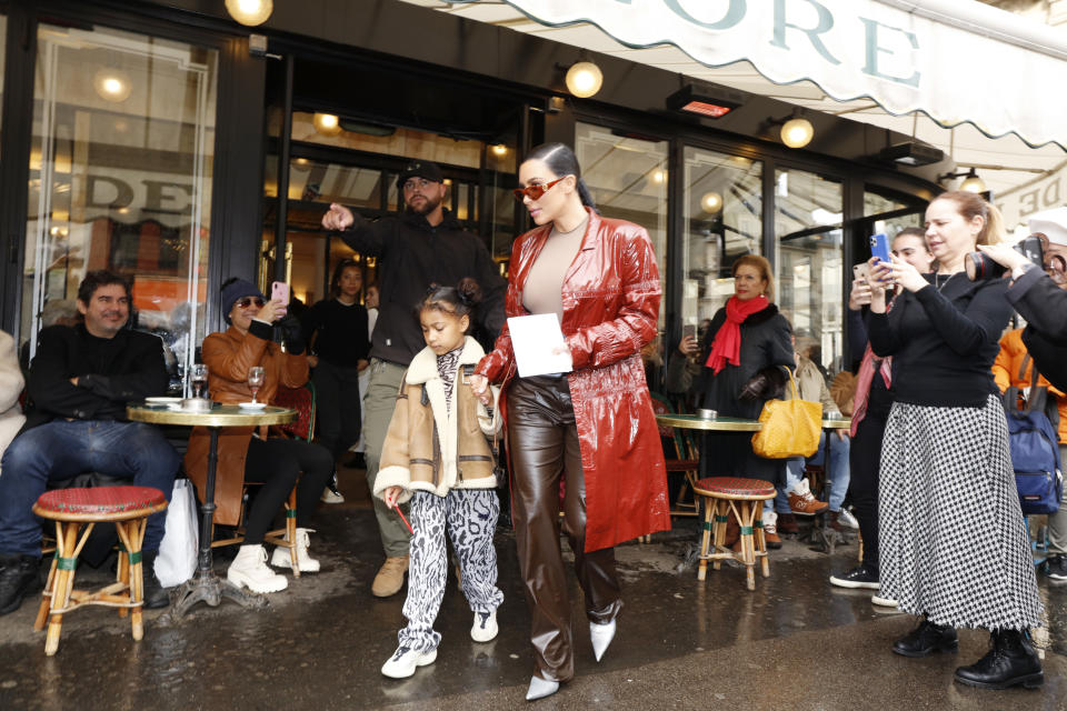 Kim Kardashian and her daughter North West pictured at the Cafe de Flore in Paris March 02, 2020 in Paris, France.  (Photo by Mehdi Taamallah/NurPhoto via Getty Images)