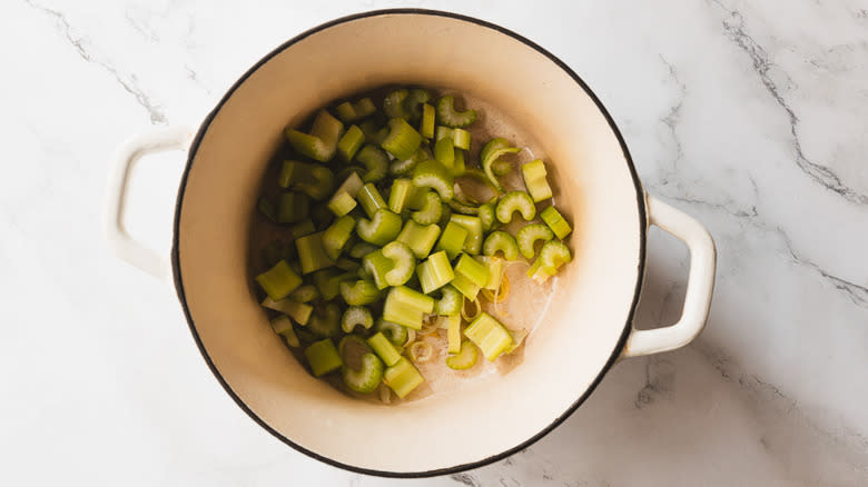 leeks and celery in pot